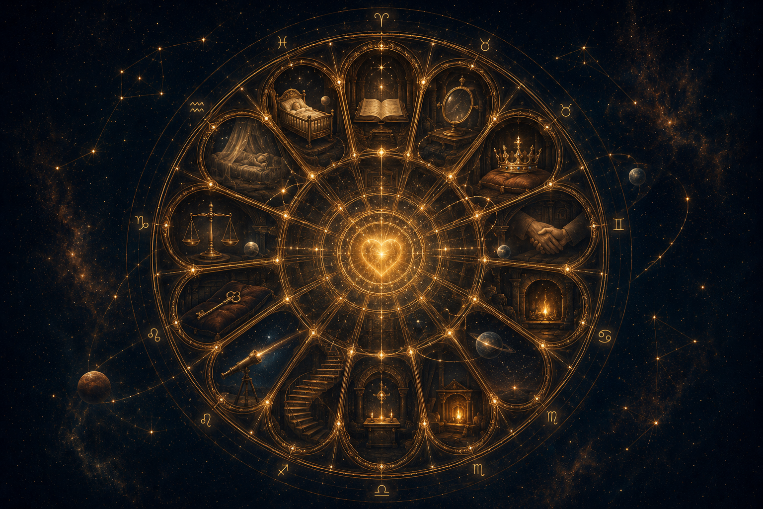 Cité céleste à douze quartiers, illustration symbolique des maisons astrologiques