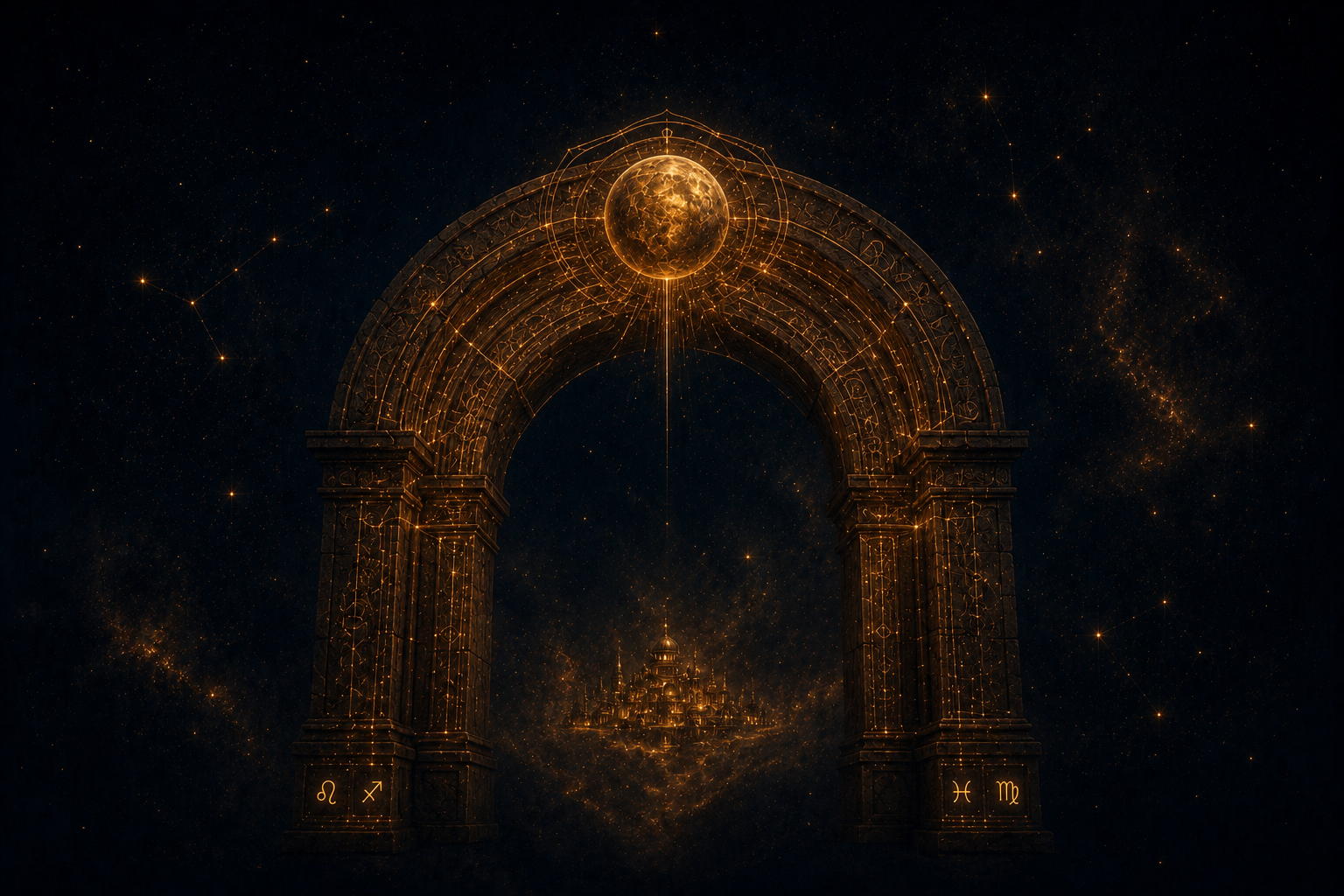 Arche cosmique avec planète-clef de voûte au sommet