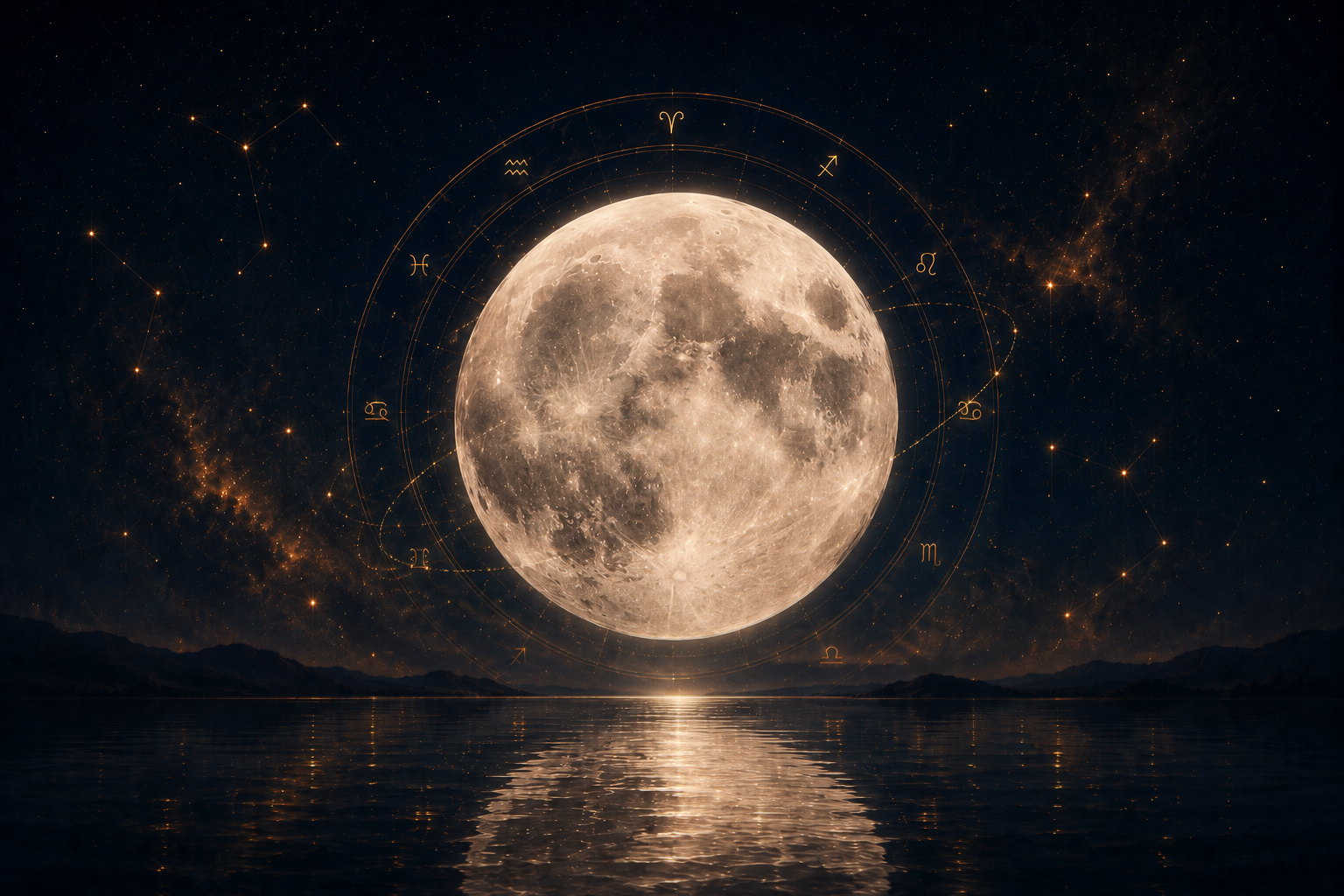 Pleine lune cosmique rousse au-dessus d'un lac étoilé